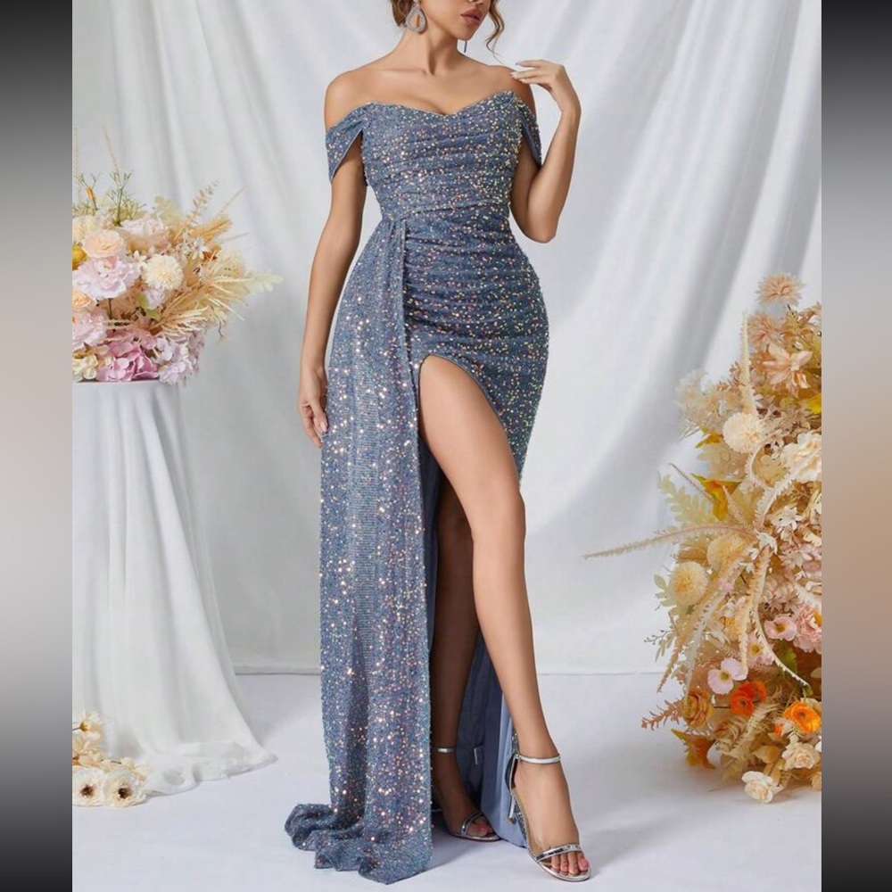 Luxe off shoulder slit thigh party formal sequins dress